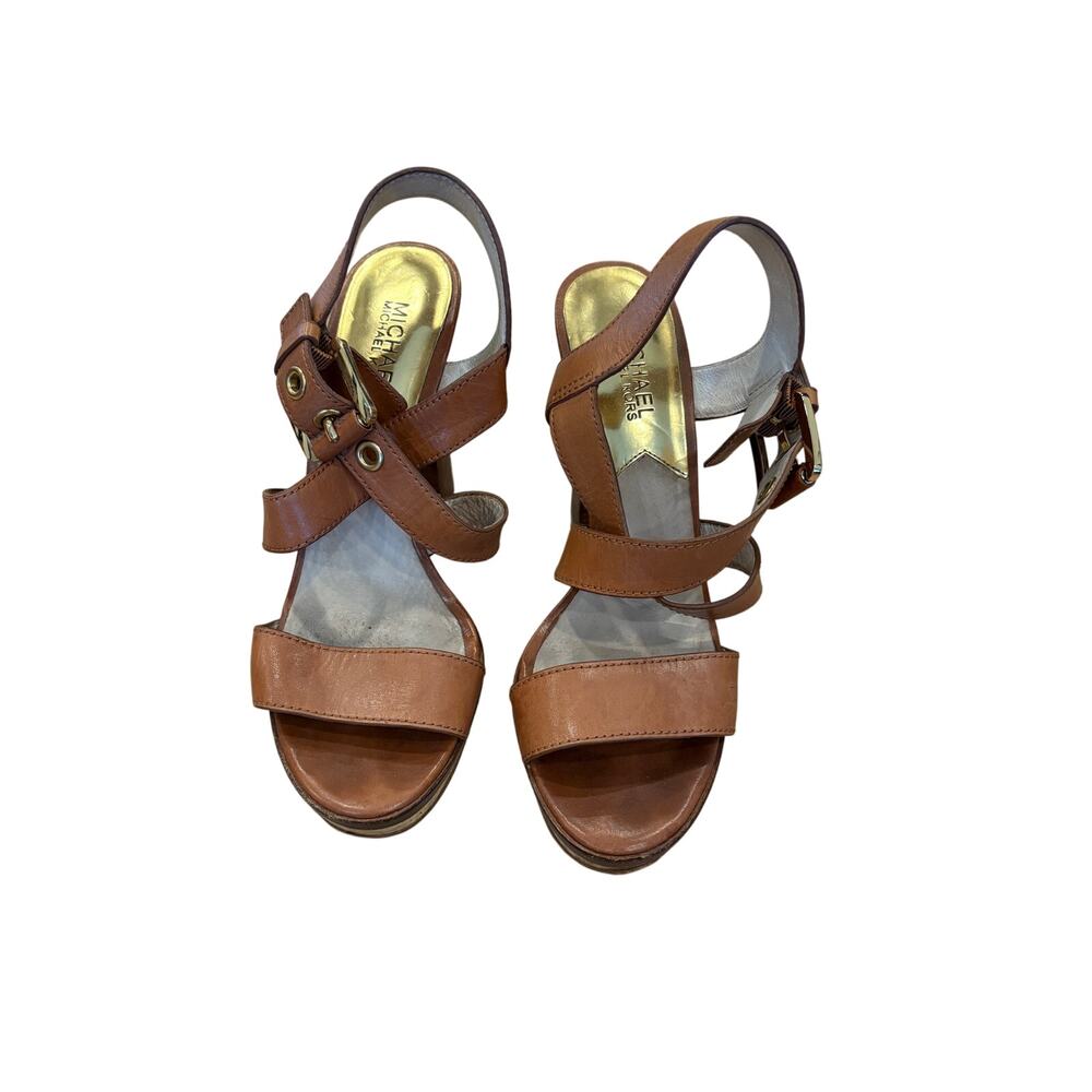 Michael Kors brown leather strappy heel sandals with gold accents size 8